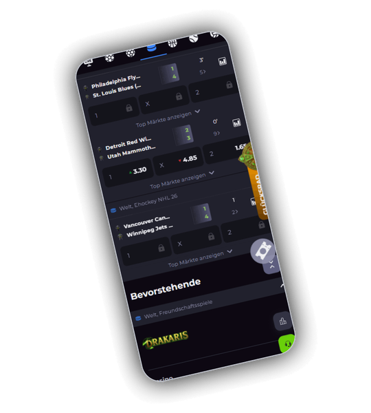 Sportwetten-Interface von Drakaris Casino mit Fussball-Quoten und Kombiwette-Baukasten