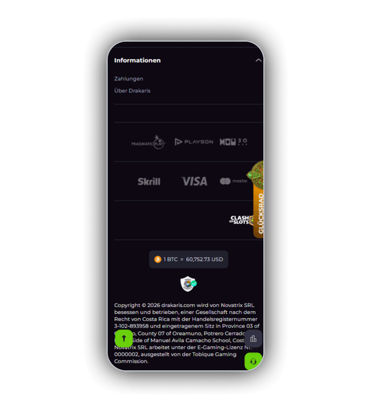 Kassenbereich von Drakaris Casino mit Auswahl an Kreditkarten, E-Wallets und Kryptowaehrungen